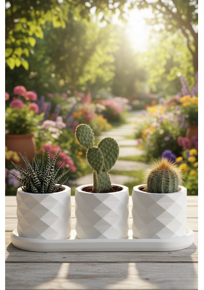 3 Lü Dekoratif Saksı Seti Ve Altlık 6x7cm Saksılar + 23x11 Cm Tabak 4 Parça