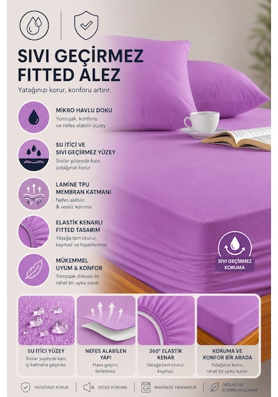Formeya Lila Mikro Fitted Sıvı Geçirmez Yatak Koruyucu Alez Lila