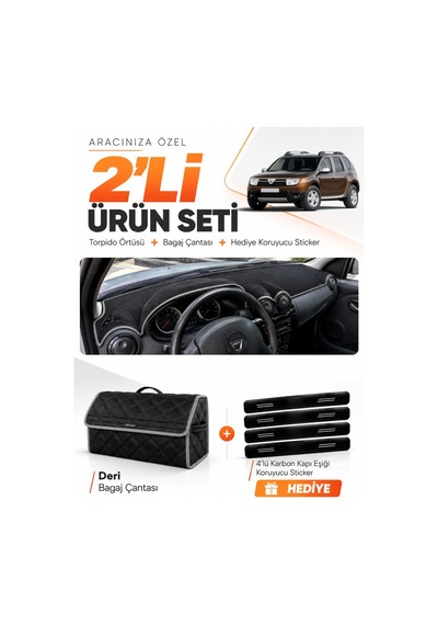 Dacia Duster 1.nesil Makyajsız 2009-2013 Uyumlu Torpido Örtüsü + Deri Çanta Seti - Siyah Gri