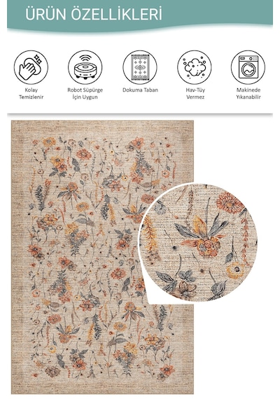 Florart Bej / Turuncu Vintage Dokulu Çiçek Desenli Dokuma Tabanlı Şönil Halı Al 470 Bej - Turuncu
