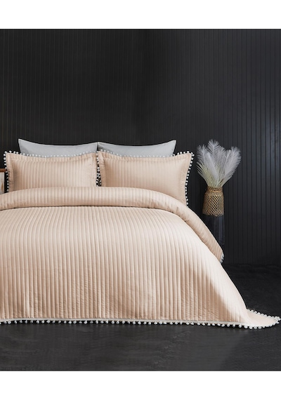 Evlen Home Collection Ponponlu Çift Kişilik %100 Pamuk Yatak Örtüsü Pike Takımı Bej