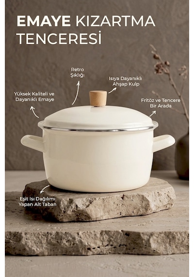 Terra Cook Ahşap Kulplu,paslanmaz Saplı Krem Süzgeçli Emaye Kızartma Tenceresi 22 Cm Krem