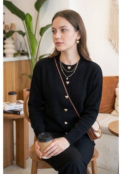 Sayzen Your Shine Trend Basic Kalp Düğmeli Kadın Hırka Siyah