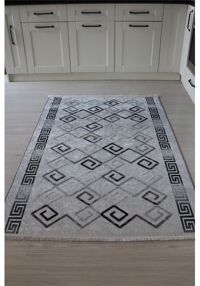 Arte Nakışlı Gri Beyaz Kilim Dekoratif Salon Halısı Yıkanabilir Gri - Beyaz