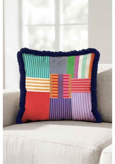 Geometrik Çizgili Modern Saçaklı Yastık Kılıfı - Patchwork Mint Lacivert Püsküllü Kırlent Kılıfı Altın