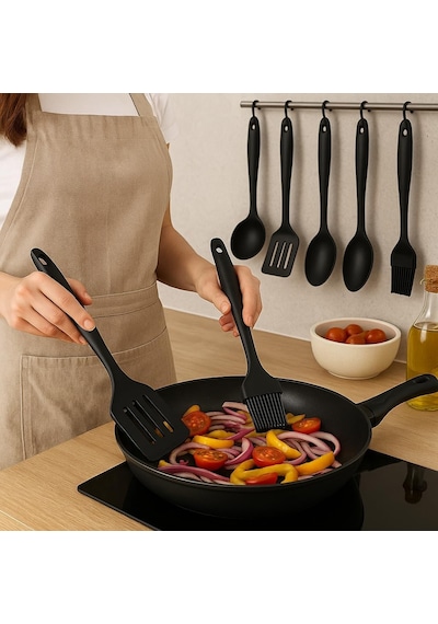 5'li Silikon Mutfak Seti Kaşık, Kepçe, Spatula, Yağ Fırçası Renkli Pişirme Seti Isıya Day Standart