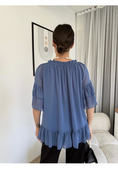Lodmela Yaka Lastikli Şifon Bluz 6022-Indigo