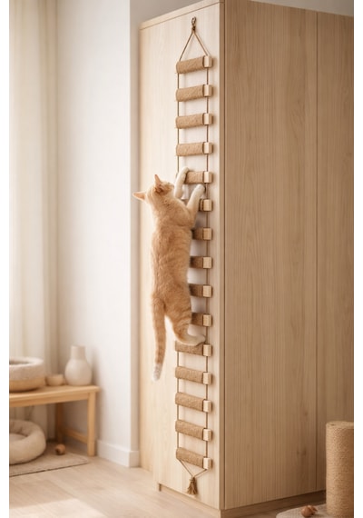 Ahşap Kedi Tırmanma Merdiveni Ve Duvar Köprüsü - Jüt İpli, 15 Basamak, 175 Cm