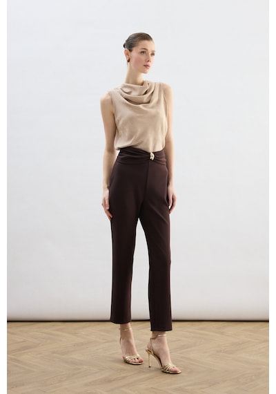 Sateen Bel Aksesuarlı Pantolon - Kahve-136829 Kahve