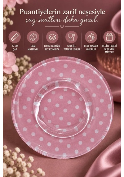 6 Lı Cam Çay Tabağı Pembe Puantiyeli 12 Cm 6 Adet Çay Tabak