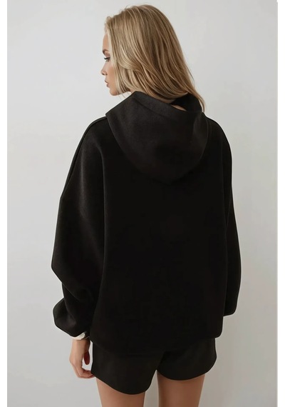 Hiccup Extra Oversize Kapüşonlu Kalın Polarlı Hoodie Siyah