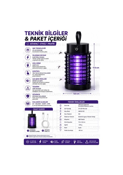 Usb Şarjlı Elektrikli Sivrisinek Öldürücü Lamba Uv Mor Işıklı Sessiz Çalışan Askılı Sinek Kovucu Ev