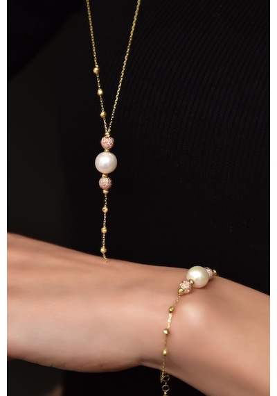 Papatya Silver 925 Ayar Gümüş Rose-Gold Kaplama Inci Simli Dorika Toplu Kolye ve Bileklik Set