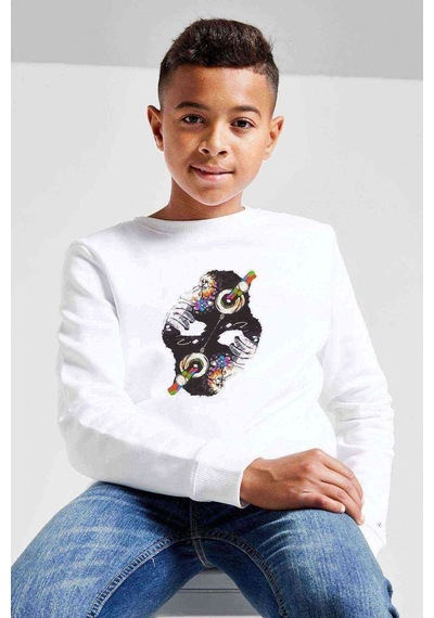 Tshirthane Dj Monkey Baskılı Unisex Çocuk Beyaz Sweatshirt Beyaz