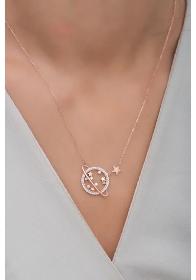 925 Ayar Gümüş Zirkon Taşlı Gezegen Kolye Rose Gold