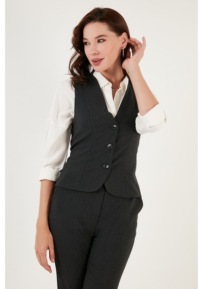 Lela Fitted-Vücuda Oturan Astarlı Klasik Dokuma Bayan Yelek 611Yl030W4 Koyu Gri
