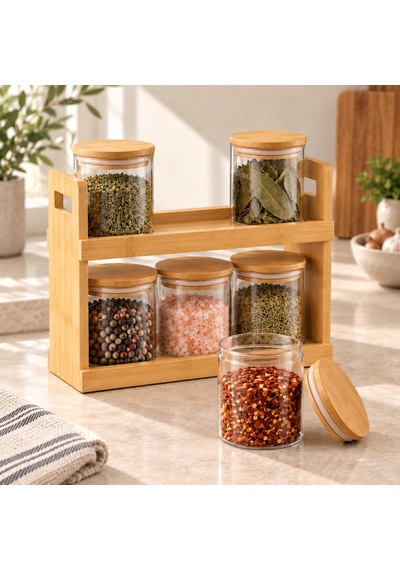 Bambu Standlı 6'li Borosilikat Cam Baharatlık Seti, Her Kavanoz 300 Ml, Bambu Kapaklı, 2 Katlı Baharat Rafı, Yan Tutma Açıklıklı Tezgah Üstü Mutfak Düzenleyici Diğer