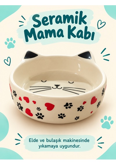 Kedi Yüzü Desenli Seramik Mama Ve Su Kabı Kedi Kulaklı