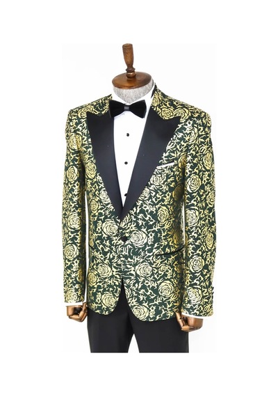 Wessi Gold Gül Desenli Slim Fit Yeşil Erkek Smokin Ceket Yeşil