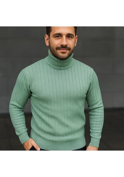 Balıkcı Yaka Bağazlı Triko Kazak Pamuklu Kalın Fitilli Dokuma, Regular Fit Uzun Kollu Kışlık Model - Mint Yeşili Mint Yeşili