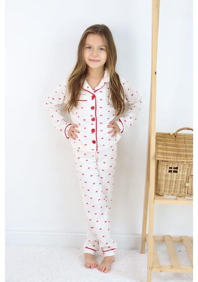 Kız Çocuk Kırmızı Kalpli Pamuklu Pijama Takımı - Uzun Kollu Düğmeli Rahat Takım Kırmızı
