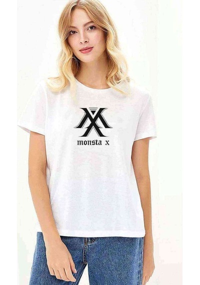 Monsta X Logo Baskılı Beyaz Kadın Tshirt
