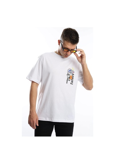 Erkek Oversize Fit Future Baskılı Basic Tişört Beyaz