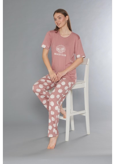 Flz Kısa Kol Yazlık Viskon Pijama Takımı Beach Club Flz 88-110 GÜL KURUSU