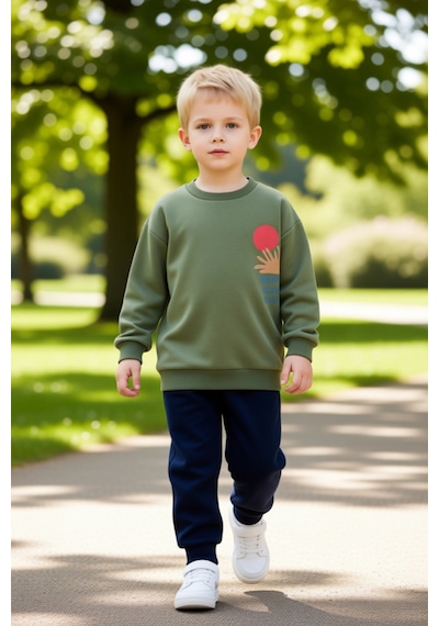 Frm Erkek Çocuk Örme Bisiklet Yaka Sweatshirt Ve Eşofman Altı Takımı Açık Haki