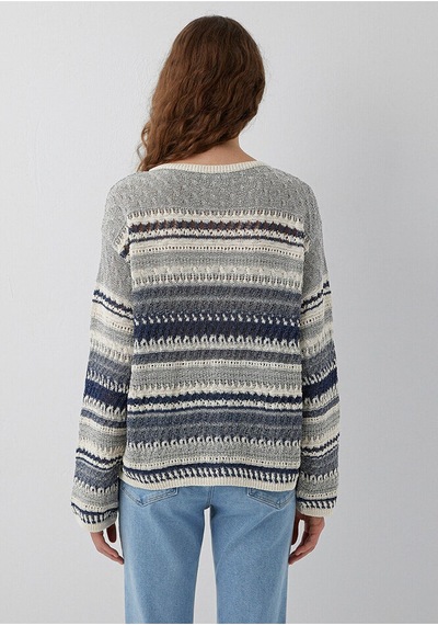 Mavi Çizgili Jakarlı Kazak Loose Fit / Bol Rahat Kesim 1710973-84057 Gri