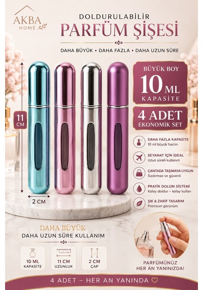 10 Ml Büyük Boy Doldurulabilir Parfüm Şişesi 4 Lü Set Mini Sprey Atomizer Seyahat Tipi 11x2 Cm