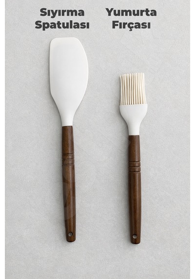 2 Parça Akasya Saplı Pastacı Seti - Silikon Sıyırma Spatulası - Silikon Yumurta Fırçası - Mutfak Beyaz