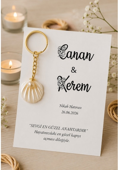 Özel Çiçek İsimli İstiridyeli Anahtarlık - Söz Hediye - Nişan Hediye - Nikah Hediye - 30 Adet