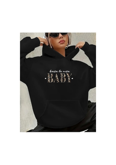 Herkesemoda Hasta La Vista Baby Yazı Detatlı Swaeshirt Siyah