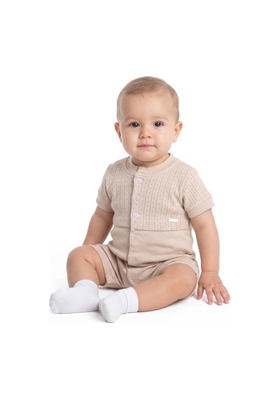 Bebegen Erkek Bebek Açık Kahve Jakarlı Düğmeli Şort Tulum Cok Renkli
