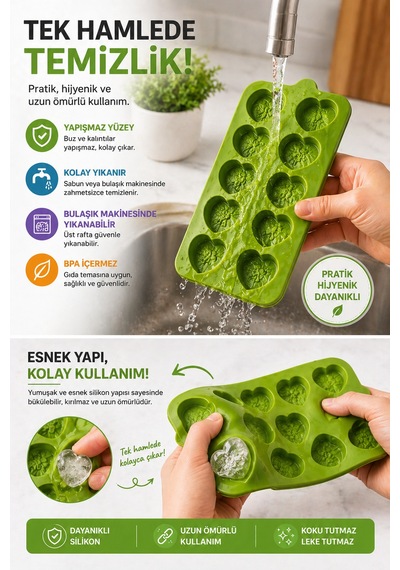 10 Lu Kalp Buz Kalıbı Silikon Esnek Buzluk Çikolata Jelibon Kalıbı Kolay Çıkan Buz Kalıbı