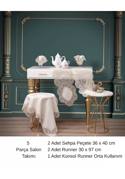 Krem-kapiçino Bellisima Model 5 Parça Keten Dantelli Salon Takımı Runner Seti No 800 Çok Renkli