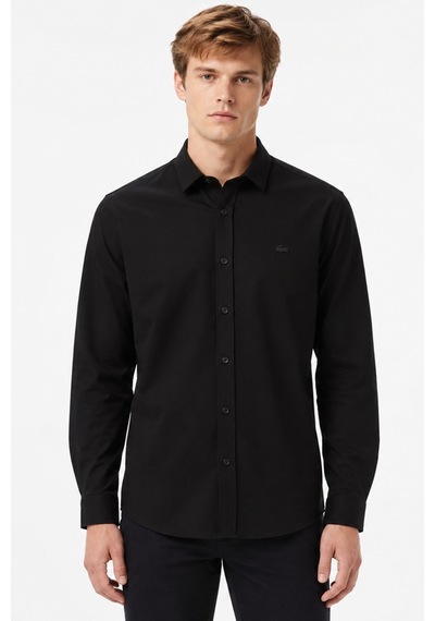 Lacoste Mens Slim Fit Black Cotton Shirt Dar Kesim Pamuklu Erkek Gömlek Siyah