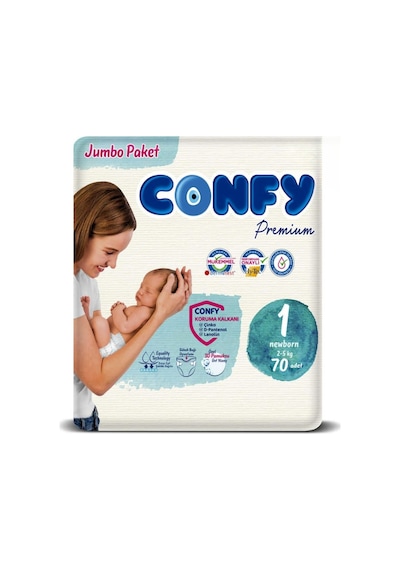 Confy Premium Yenidoğan Bebek Bezi 1 Numara 2-5 Kg 70 Adet Ekonomik Paket