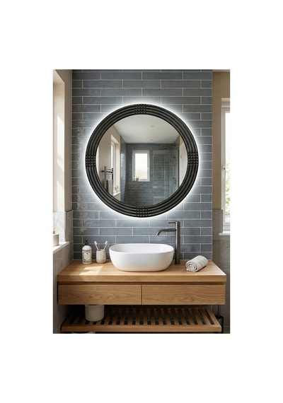 Led Işıklı Safir Siyah Dekoratif İşlemeli Banyo Duvar Aynası 56cm Siyah