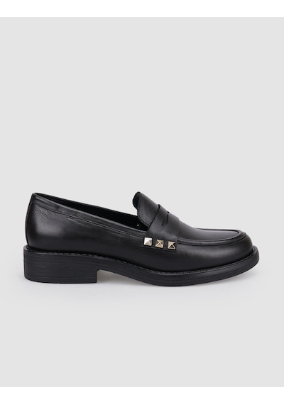 Hakiki Deri Siyah Zımba Detaylı Kadın Loafer Siyah