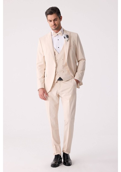 Ysf Erkek Slim Fit Sivri Yaka Yelekli Damatlık Bej