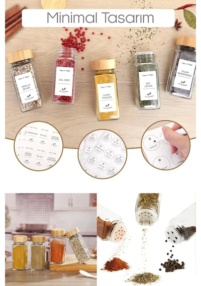 12 Li Bambu Kapaklı Cam Kare Etiketli Formlu Baharatlık Takımı Serpme Başlıklı Baharatlık Set Bej