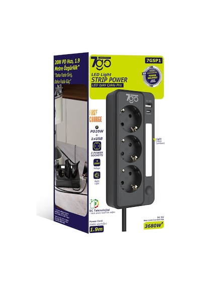 7go 7gsp1 3680w 3'lü Priz Siyah Akım Korumalı 20w Pd Hızlı Şarj Usb 1.9m Kablolu Akıllı Led Ge 2 m