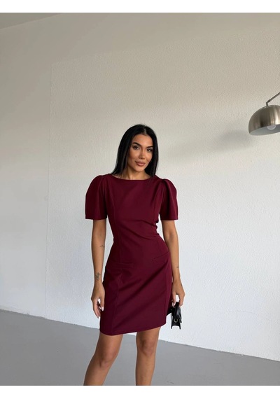 Modalima Bordo Kayık Yaka Kısa Kollu Mini Elbise Çok Renkli