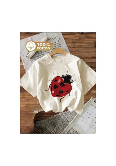Herkesemoda Uğur Böceği Baskı Detaylı Basic T-shirt Beyaz