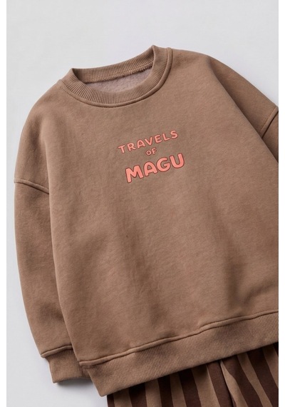 Çocuk Pamuklu Magu And Travel Desenli Kahverengi Sweatshirt Ve Çizgili Eşofman Takımı