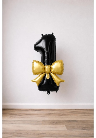 Gold Fiyonk & Siyah 1 Rakam Folyo Balon Seti Gold Siyah