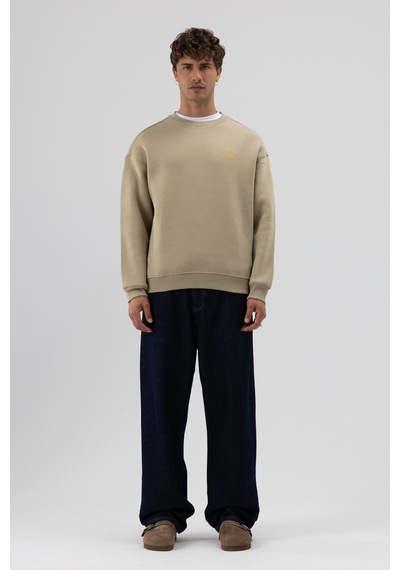 Vamos Oversize Bisiklet Yaka Baskılı Sweatshirt Haki