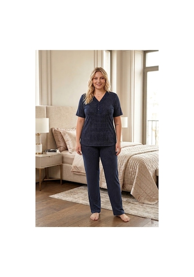 Eyfuze Kadın Büyük Beden Desenli Yakası Düğmeli Kısa Kollu Bambu Pijama Takımı Gri